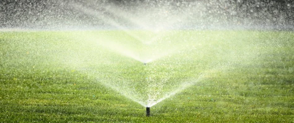 Aligned sprinkler heads spraying water on a lawn in Cary, NC.
