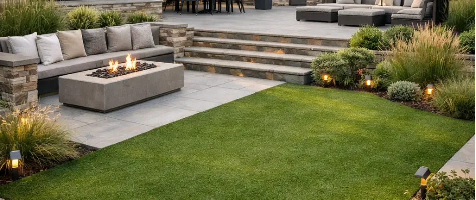 Artificial turf in Cary, NC, next to a fire pit.