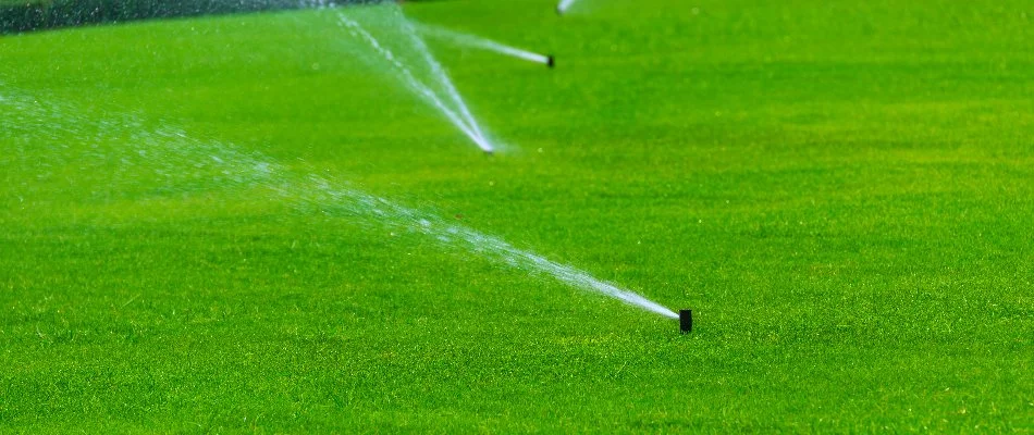 Green lawn in Rolesville, NC, with a row of sprinkler heads.