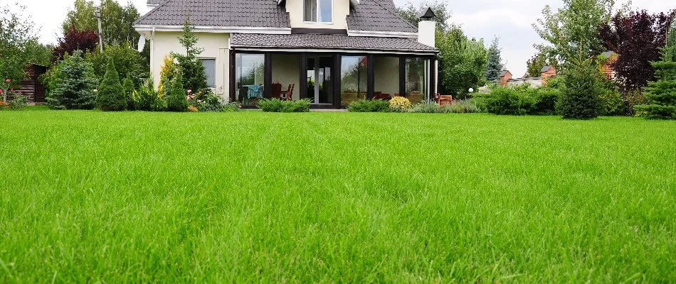House in Governors Club, NC, behind a healthy, fertilized lawn.