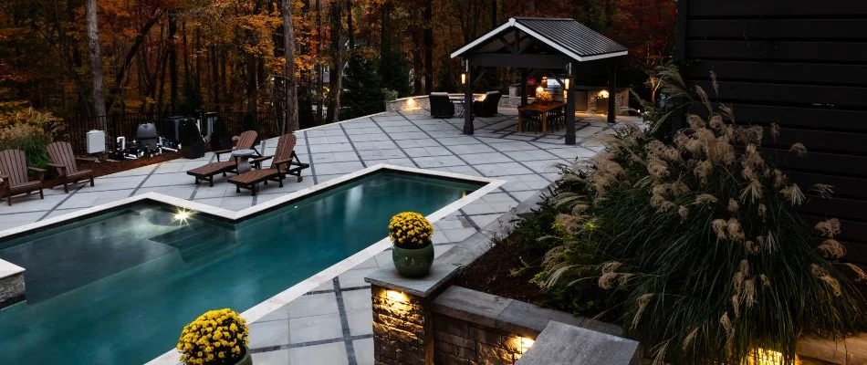 Pool area and pavilion on a property in Oak Grove, NC.